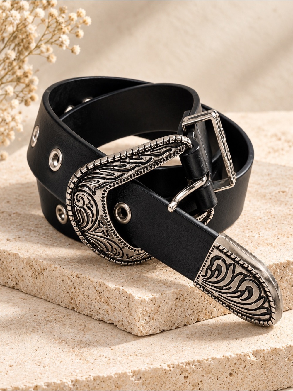 Black Leather Western Engraved Silver Buckle Belt | Size 27 | Boho Cowgirl